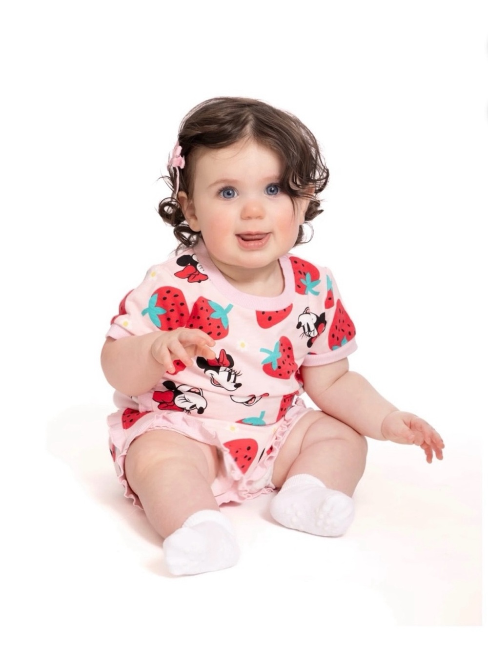 Disney  Minnie Mouse Pink & Strawberry Print Ruffle Shirt And Shorts 2 Piece - Picture 3 of 8